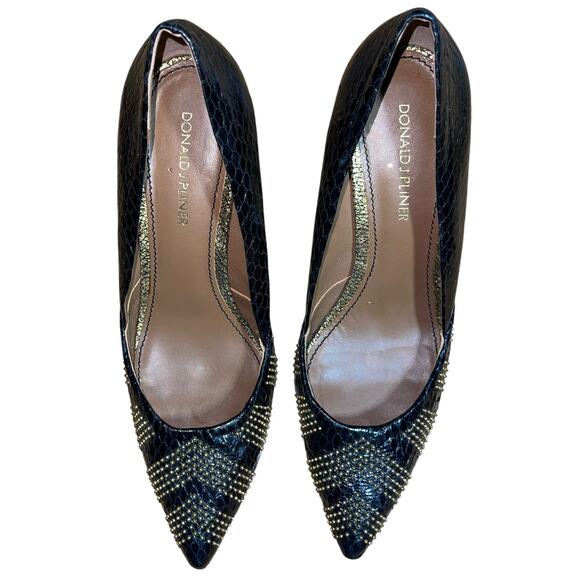 Donald J Pliner Black Pumps Snakeskin StuddedRetro Pointed Toe - Picture 3 of 10